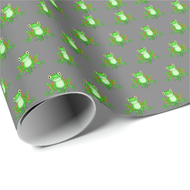 Grüne Frösche auf Grau Geschenkpapier (Rolleneckpunkt)