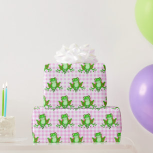 Grüne Frösche auf Pink Gingham Geschenkpapier