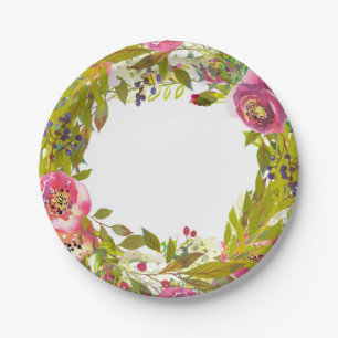 Grüne Frühlings-Rosa Blumen Hochzeit Pappteller