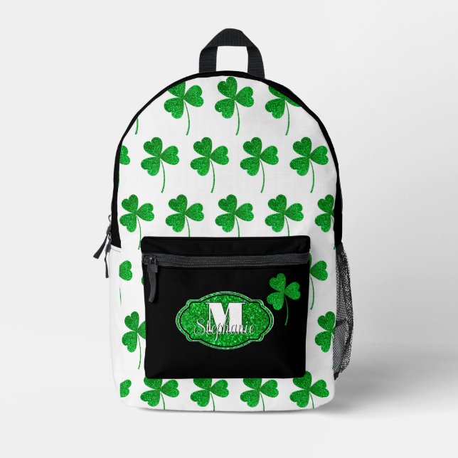 Grüne Funkelnd Kleeblätter Mit Monogramm St Patric Bedruckter Rucksack (Vorderseite)