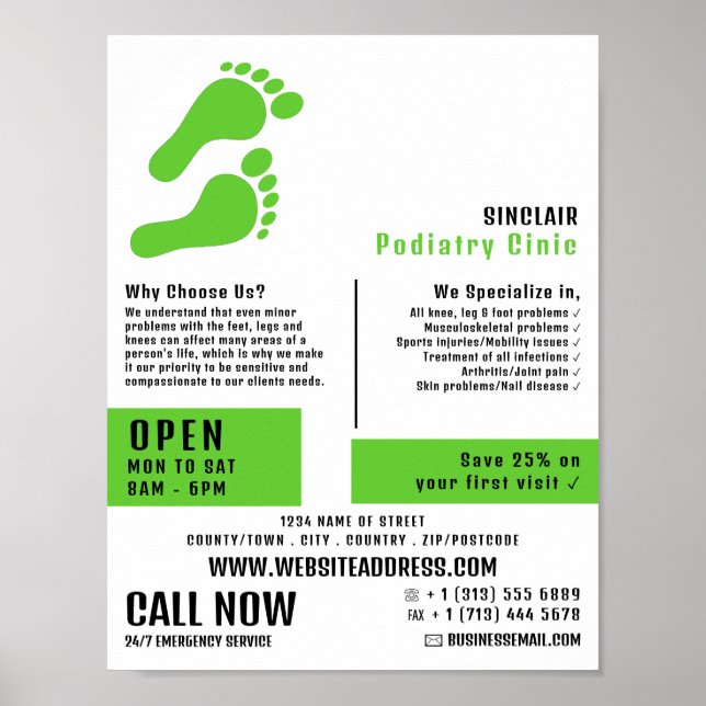 Grüne Fußabdrücke, Podiatrie-Klinik, Podiatrist Poster (Vorne)