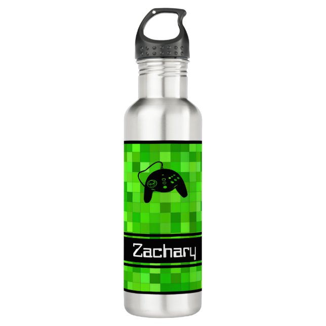 Grüne Gamer-Pixel | PERSONALISIERT Edelstahlflasche (Vorderseite)