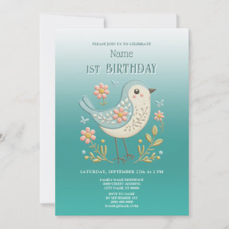 Grüne Geburtstagsparty der kleinen Vogelblume Einladung