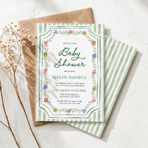 Grüne gestreifte Blumen-Einladung zur Babyparty Einladung