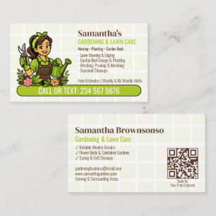 Grüne Gießkanne Gärtnerin Mädchen QR Rasenpflege Visitenkarte