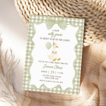 Grüne Gingham-Alberne-Gans-Baby-Party-Einladung