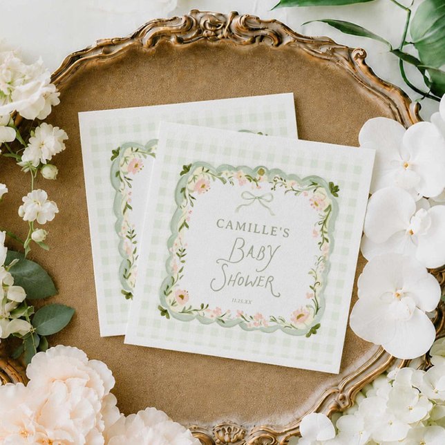 Grüne Gingham-Babyparty-Servietten Serviette (Sage Green Gingham and Bow Baby Shower Paper napkin)