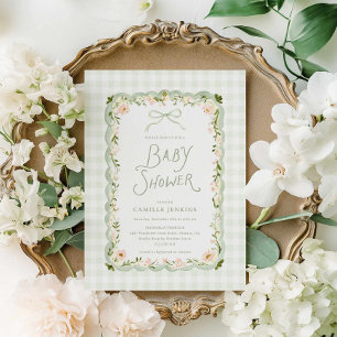 Grüne Gingham-Blumen-Baby-Shower-Einladung Einladung
