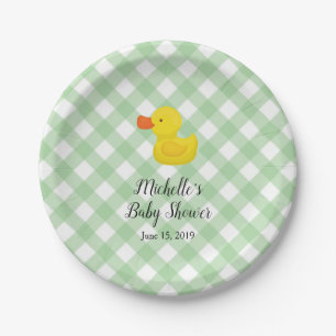 Grüne Gingham-Gummiente Baby Shower Pappteller