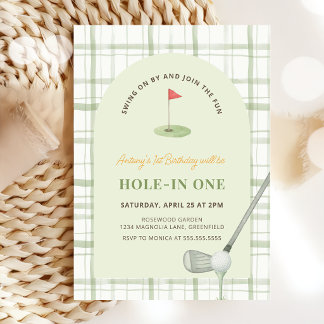 Grüne Gingham-Hole-in-One-Golf-Geburtstagseinladun Einladung