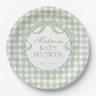 Grüne Gingham-Kokette-Bow-Baby-Party Pappteller