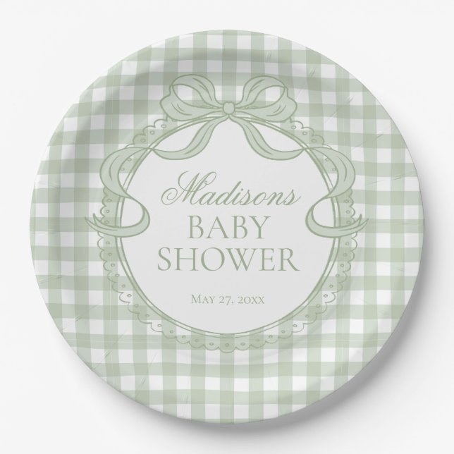 Grüne Gingham-Kokette-Bow-Baby-Party Pappteller (Vorderseite)