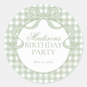 Grüne Gingham-Kokette-Bow-Birthday-Siegel Runder Aufkleber