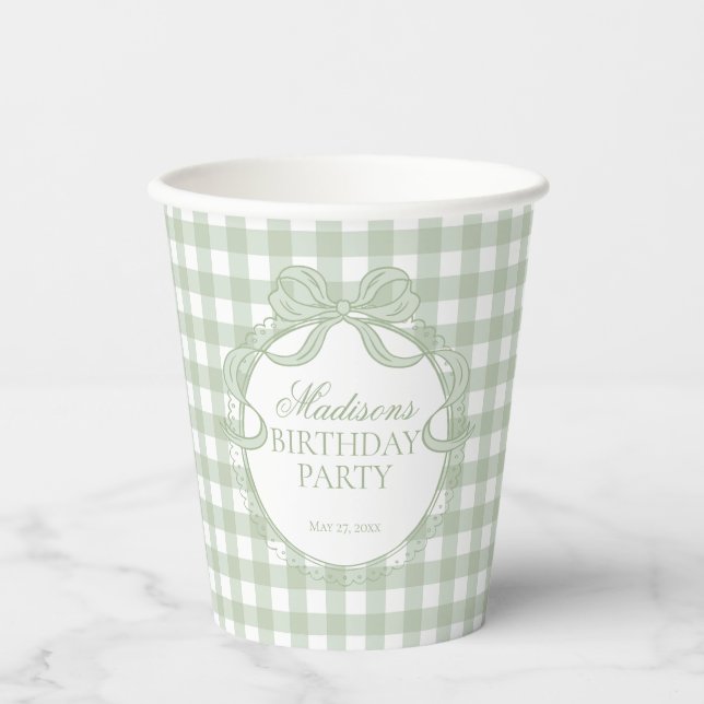 Grüne Gingham-Kokette-Bow-Bridal-Shower Pappbecher (Vorderseite)