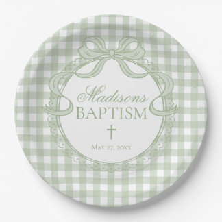 Grüne Gingham Kokette Schleife Taufe Pappteller
