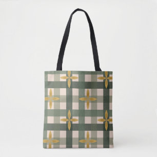 Grüne Gingham- und Blätter-Tragetasche Tasche