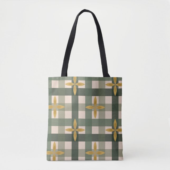 Grüne Gingham- und Blätter-Tragetasche Tasche (Vorderseite)