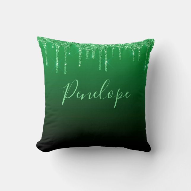 Grüne Glitzer Dripping Elegante Monogram Kissen (Vorderseite)