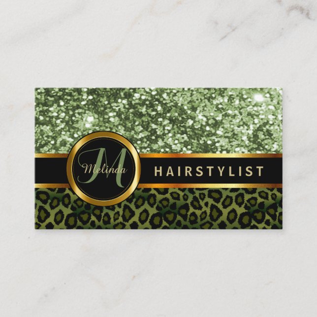 Grüne Glitzer-und Leopard-Haut - Hairstylist Visitenkarte (Vorderseite)