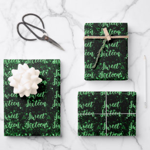 Grüne Glitzern Sweet 16 elegante Schriftzeichen Geschenkpapier Set