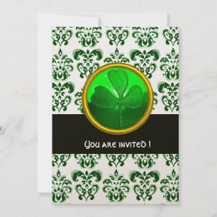 GRÜNE GOLD DAMASK MIT KLEEBLATT, Schwarz-weiß Einladung
