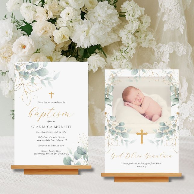 Grüne Gold Foil Taufe Einladung mit Foto (This Delicate Foliage baptism invitation features watercolor greenery and space for a photo)