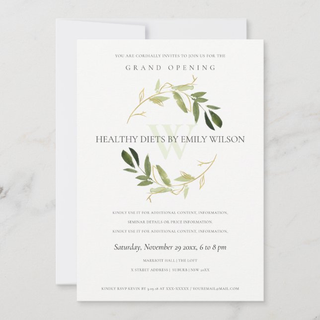 GRÜNE GOLD FOLIAGE WREATH GRAND ÖFFNUNG EINLADUNG (Vorderseite)
