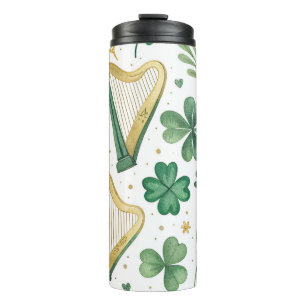 GRÜNE & GOLD IRISH KLEEBLATTS & HARPS THERMOSBECHER