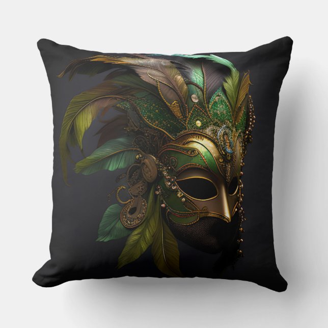 GRÜNE & GOLD MARDI GRAS MASK & FEATHERS KISSEN (Vorderseite)