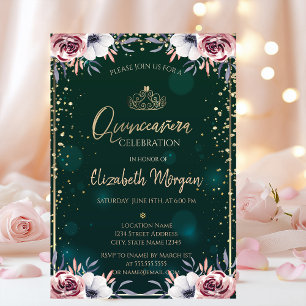 Grüne Gold-Tiara, Diamanten Blumen Quinceañera Einladung