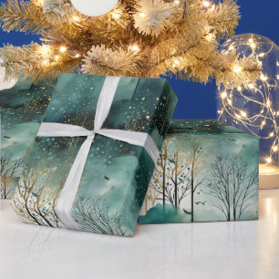 Grüne Goldbäume mit Vögeln Weihnachten Geschenkpapier