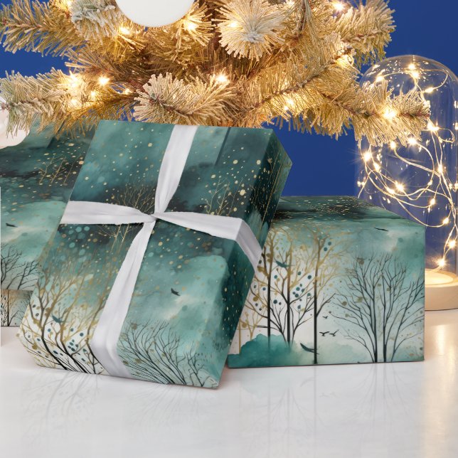 Grüne Goldbäume mit Vögeln Weihnachten Geschenkpapier (Feiertage)