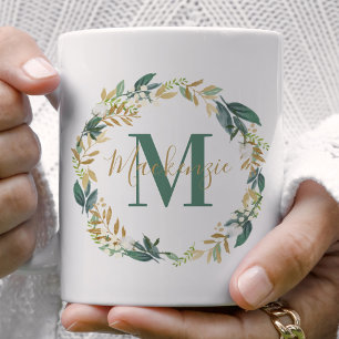 Grüne Goldene Blumengirlande Monogramm Kaffeetasse