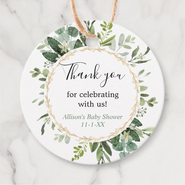 Grüne goldene Eukalyptus Babydusche Geschenkanhänger (Vorderseite)