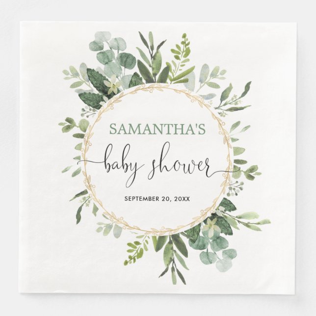 Grüne goldene Eukalyptus-Kranz-Babydusche Serviette (Vorderseite)