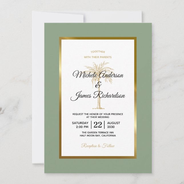 Grüne goldene Palme tropische Hochzeit Einladung (Vorderseite)