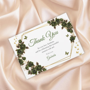 Grüne goldene Tiara-Rosen-Schmetterling-Quinceañer Dankeskarte