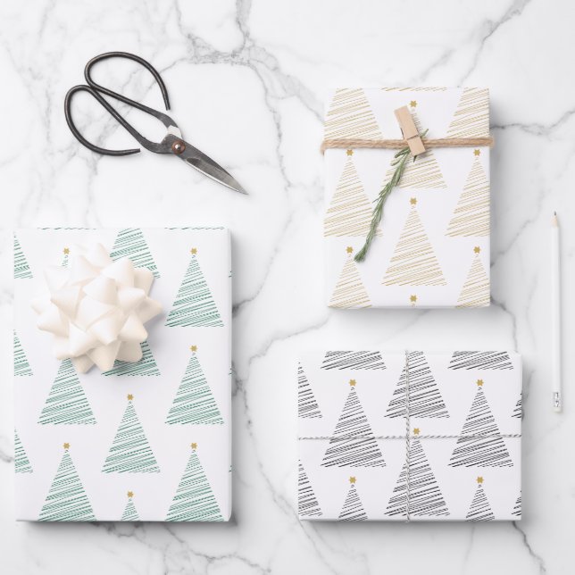 Grüne, goldene und schwarze Linie Weihnachtsbaumen Geschenkpapier Set (Vorderseite)