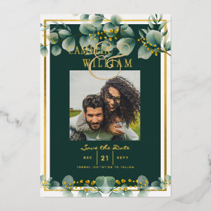 Grüne Goldfolie PHOTO QR CODE Hochzeit Termin merk Folieneinladung