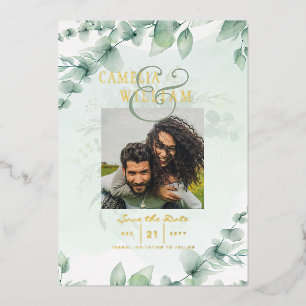 Grüne Goldfolie PHOTO QR CODE Hochzeit Termin merk Folieneinladung
