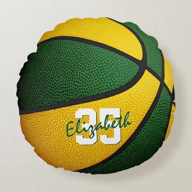 Grüne Goldmannschaft färbt Jungs Basketballkorb Rundes Kissen (Vorderseite)