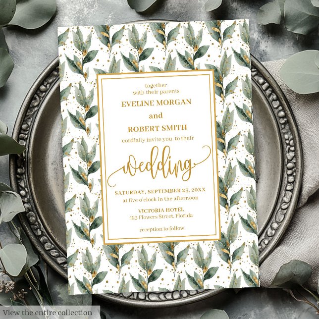 Grüne Goldmeißel Eukalyptus-Hochzeitseinladungen Einladung (Refined Sage Green Gold Eucalyptus Wedding Invitation)