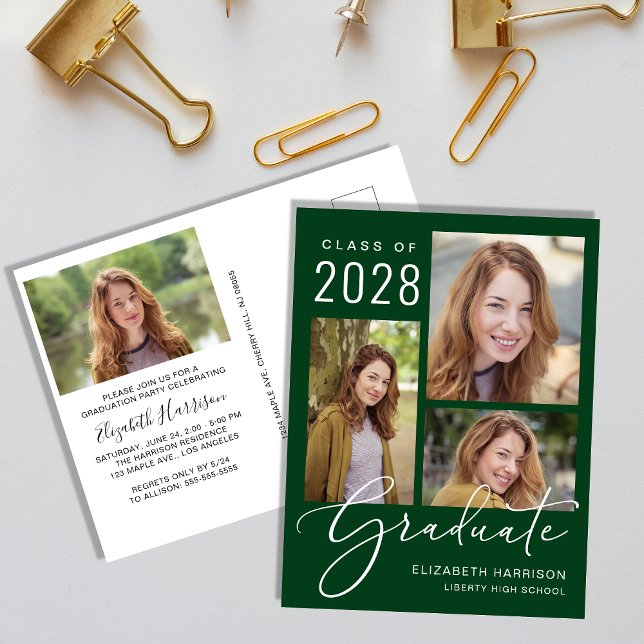 Grüne Graduierungspartei des modernen Fotos Einladungspostkarte (Von Creator hochgeladen)