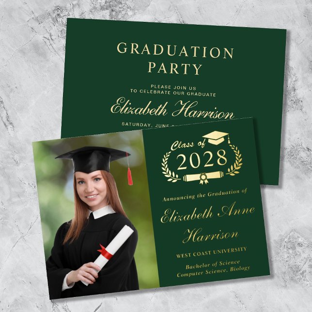 Grüne Graduierungspartei für elegantes Skript-Foto Folieneinladung (Von Creator hochgeladen)