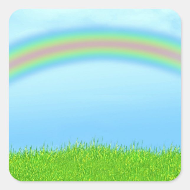 Grüne Gras, Regenbogen und blauer Himmel Hintergru Quadratischer Aufkleber (Vorderseite)