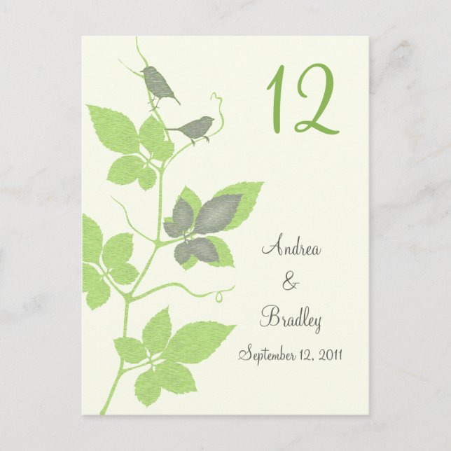 Grüne graue Birds Tischnummer Card Hochzeitskarte (Vorderseite)