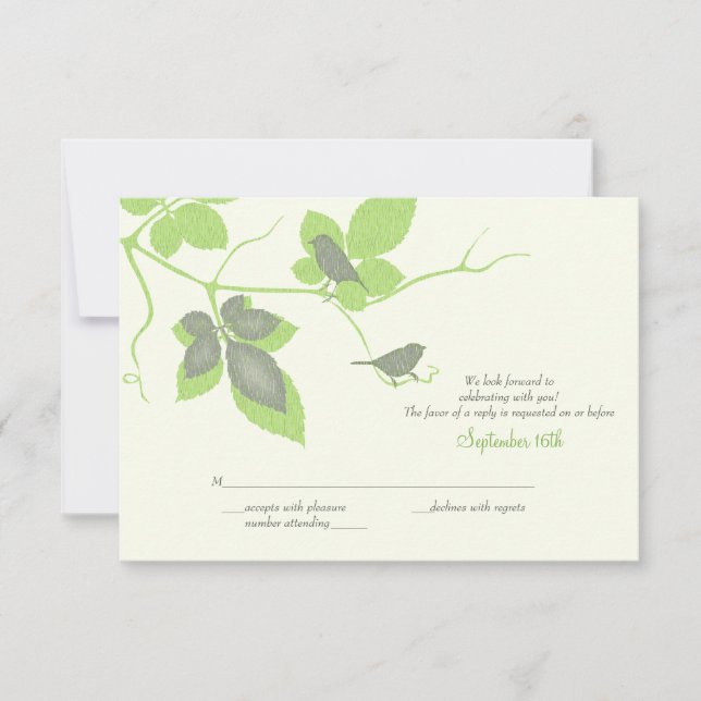 Grüne graue Vögel und Blätter Hochzeitskarte RSVP Karte (Vorderseite)