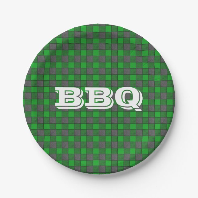 Grüne GRILLEN Monogramm Karo Kleinpapierplatte Pappteller (Vorderseite)