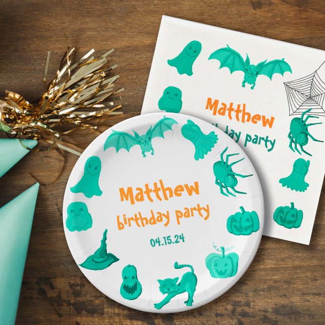 Grüne Halloween-Geburtstagsfeierplatte Pappteller (Green Halloween-themed birthday party Paper Plate
)