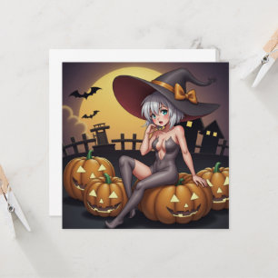 Grüne Halloween-Hexe auf dem Kürbis Einladung